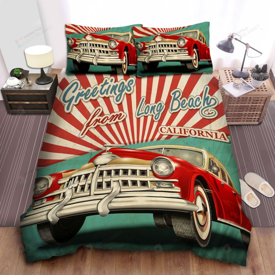 Vintage Touristic Greeting Card With Retro Car Route 66 Bed Sheets Spread Comforter Duvet Cover Bedding Sets