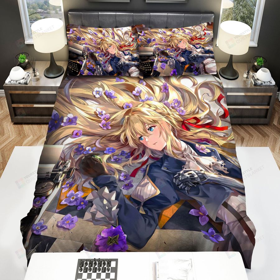 Violet Evergarden With The Typewriter And Books Bed Sheets Spread Comforter Duvet Cover Bedding Sets