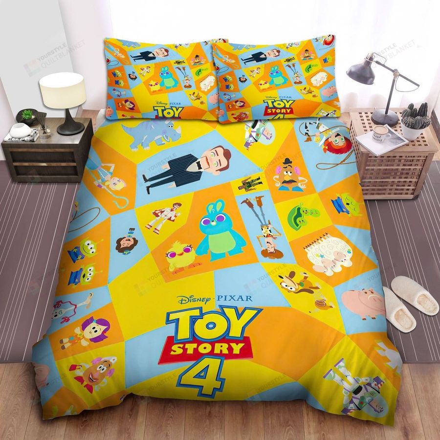 Walt Disney Toy Story 4 Characters In Geometric Pattern On Yellow Bed Sheets Spread Comforter Duvet Cover Bedding Sets