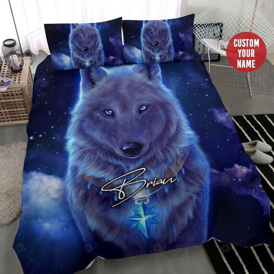 White Wolf Galaxy Custom Duvet Cover Bedding Set With Your Name