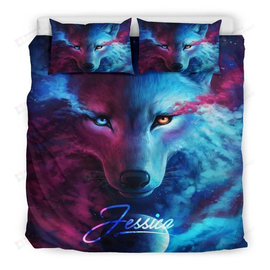 Wolf Pink And Blue Watercolor Personalized Custom Duvet Cover Bedding Set With Signature