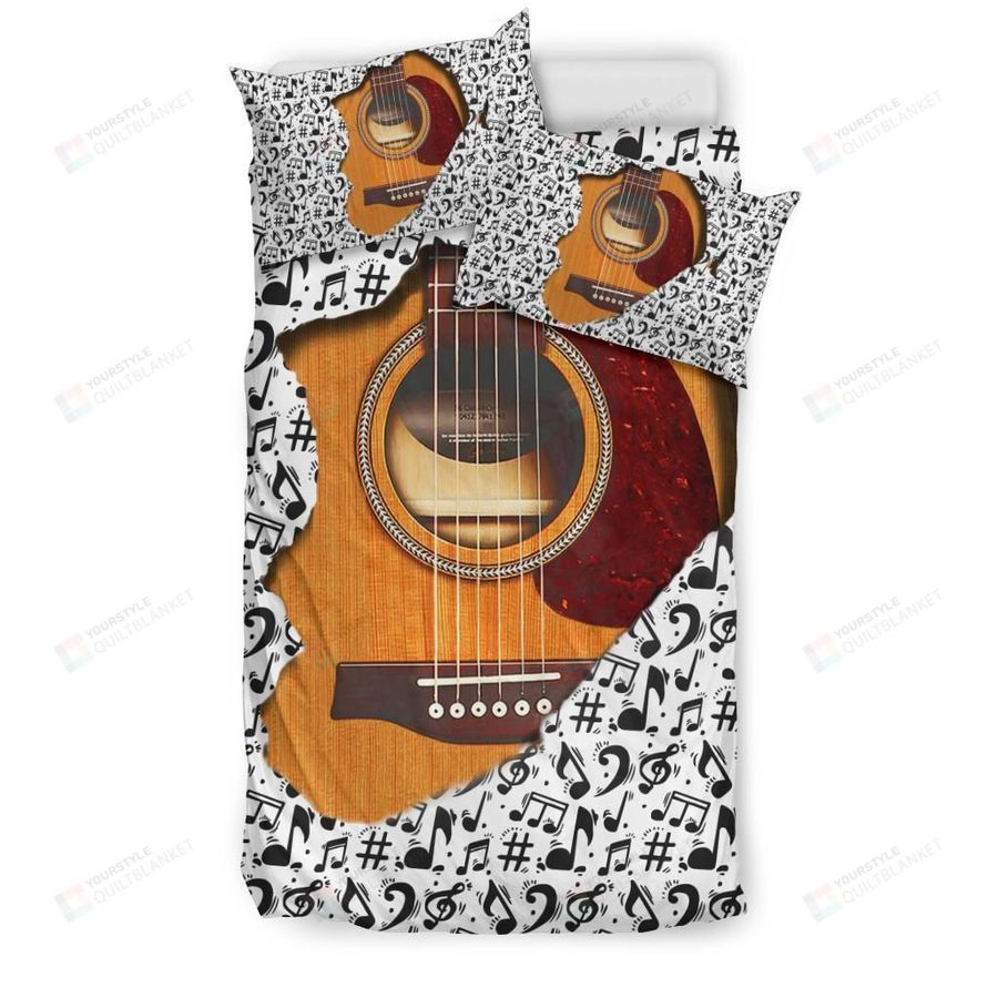 Wooden Guitar Inside And Music Notes Bedding Set Cotton Bed Sheets Spread Comforter Duvet Cover Bedding Sets