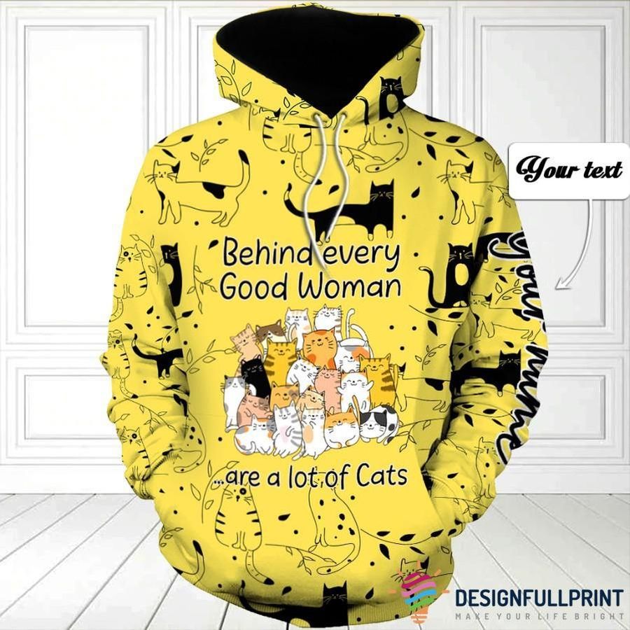 Yellow Behind Every Good Woman Are A Lot Of Cats Personalized Unisex Hoodie Cat Lover Gift