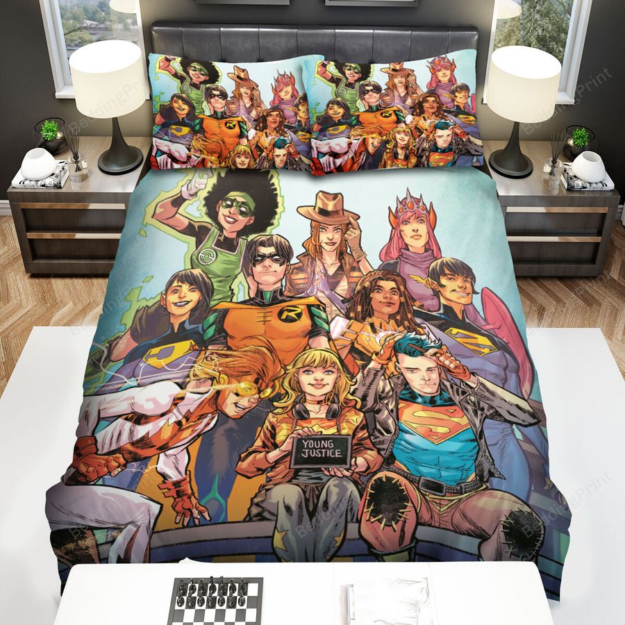 Young Justice Team Taking A Photo Bed Sheets Spread Comforter Duvet Cover Bedding Sets