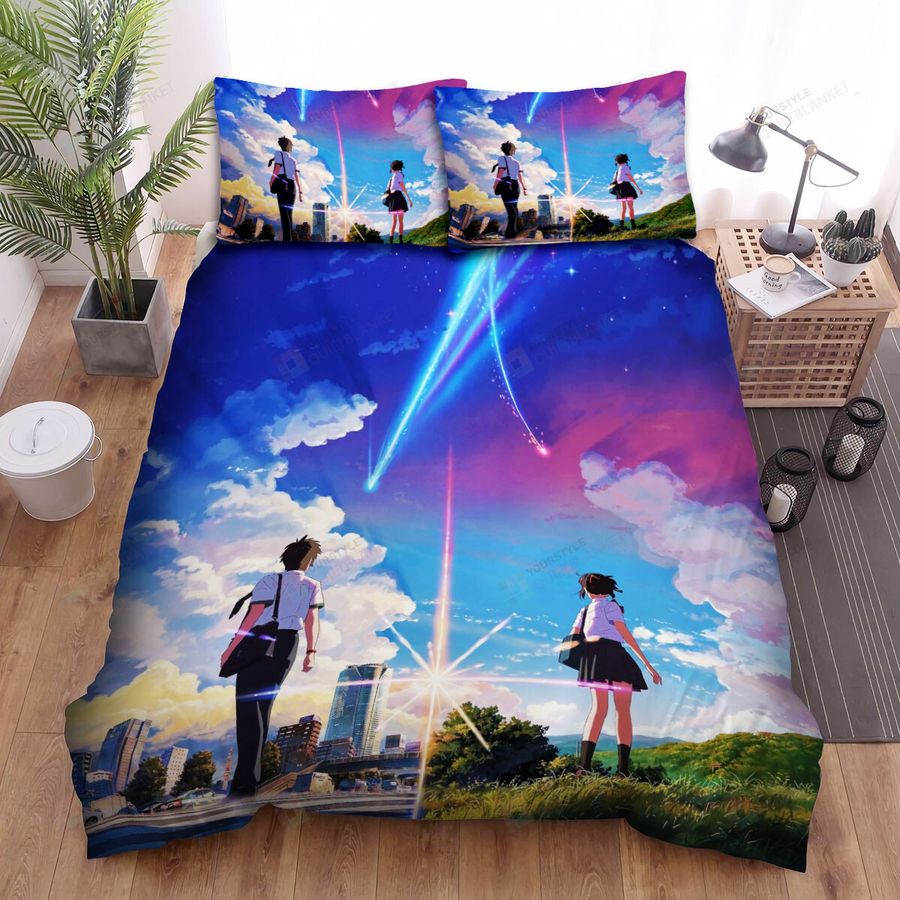 Your Name Kimi No Na Wa Characters Under Beautiful Cloudy Sky Bed Sheets Spread Comforter Duvet Cover Bedding Sets