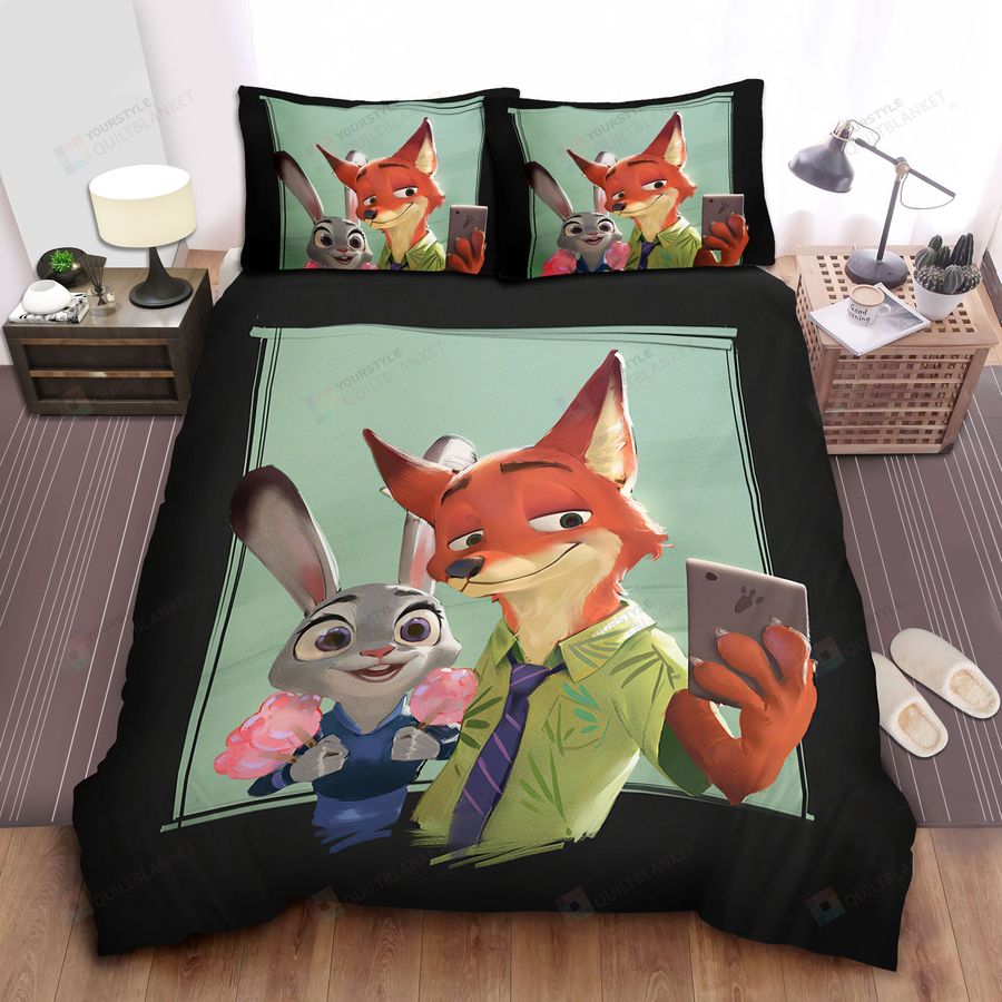 Zootopia Nick And Judy Taking A Selfie Artwork Bed Sheets Spread Comforter Duvet Cover Bedding Sets